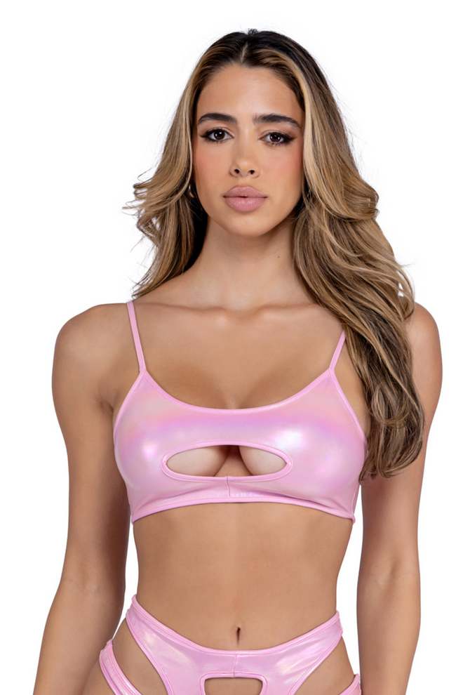 Metallic Iridescent Keyhole Cropped Top