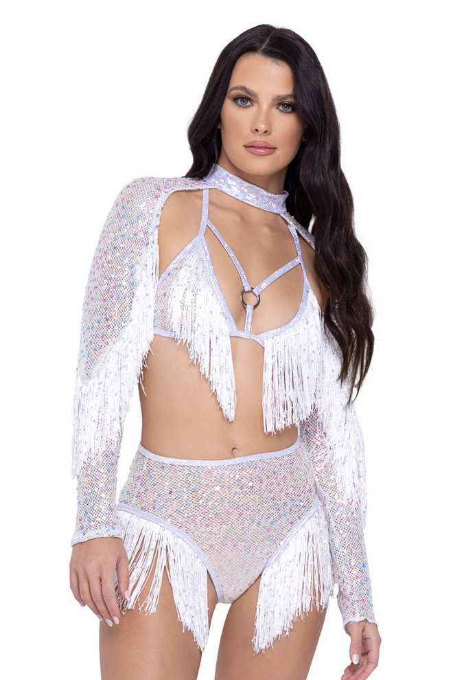 Sequin Fishnet High Waisted Shorts with Sequin Fringe Detail