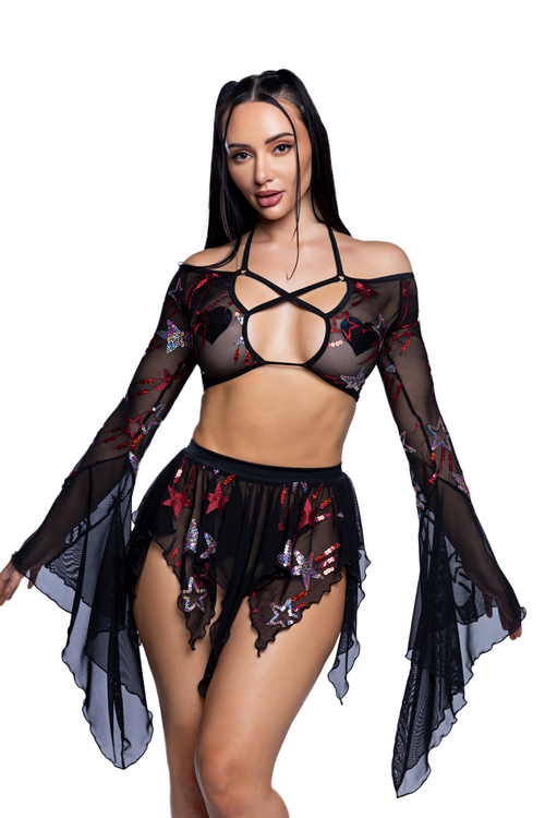 Sequin Top & Skirt Set Black