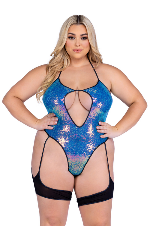 Sequin Keyhole Romper with Attached Sheer Mesh Leg Wrap