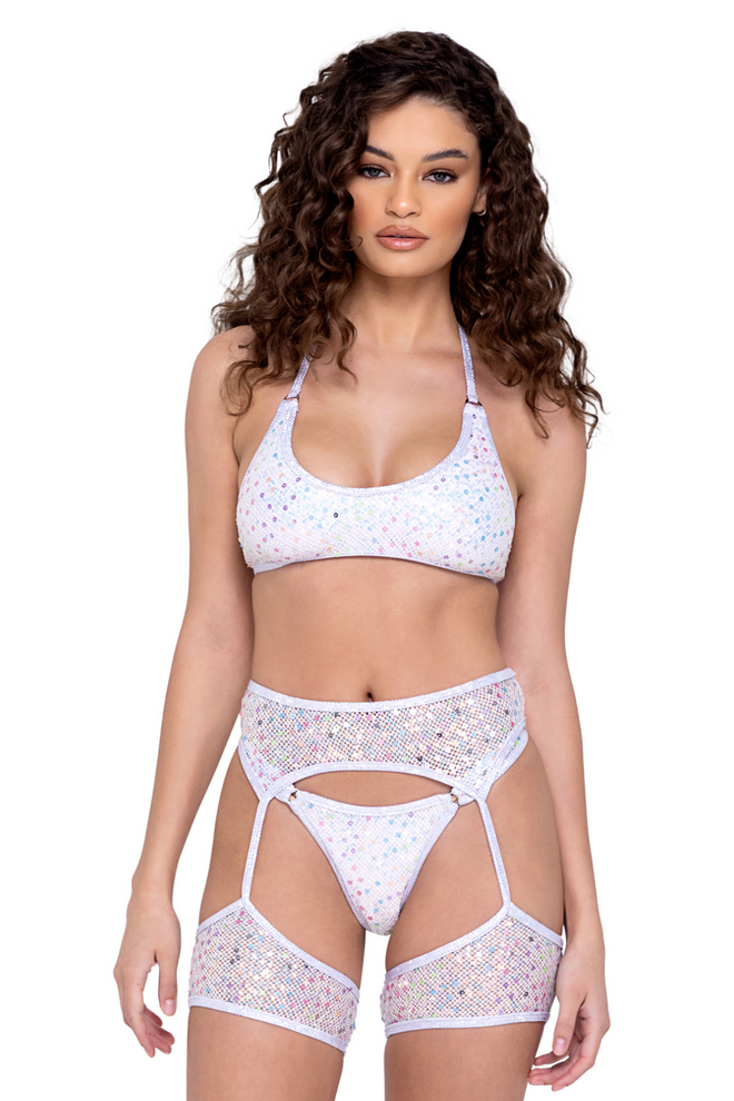 Sequin Fishnet Garter Belt with Attached Leg Strap