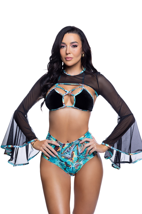 Teal Mesh bell sleeve shrug